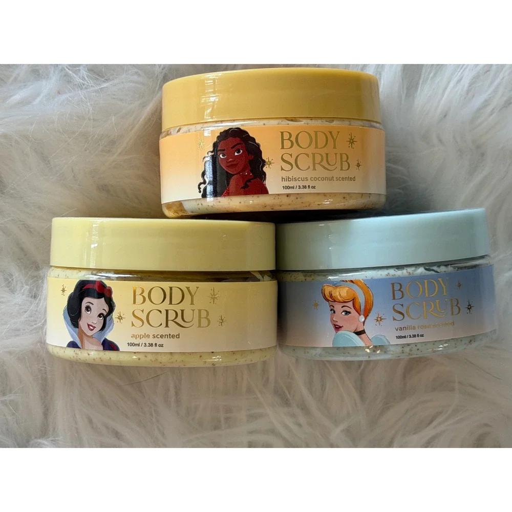 Disney Princess Body Scrub Set Apple Hibiscus Coconut Vanilla Rose 3 Pack 3.38oz